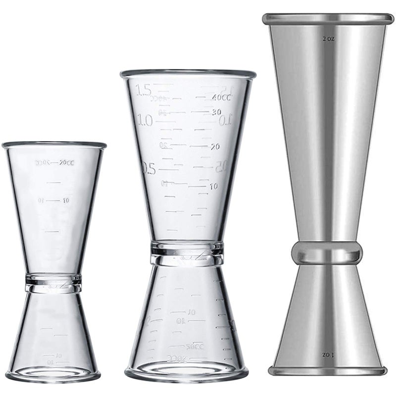 LINALL Double Clear Plastic and Stainless Steel Japanese Style Jigger Cocktail Measuring Shot Glasses Drink Spirit Measure Cup for Bar Party Kitchen Tool Set of 3 - Image 1